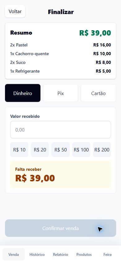 Tela mobile de fechamento do FeiraFlow com resumo do pedido e formas de pagamento