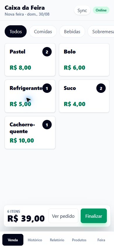 Tela mobile de vendas do FeiraFlow com produtos selecionados no pedido