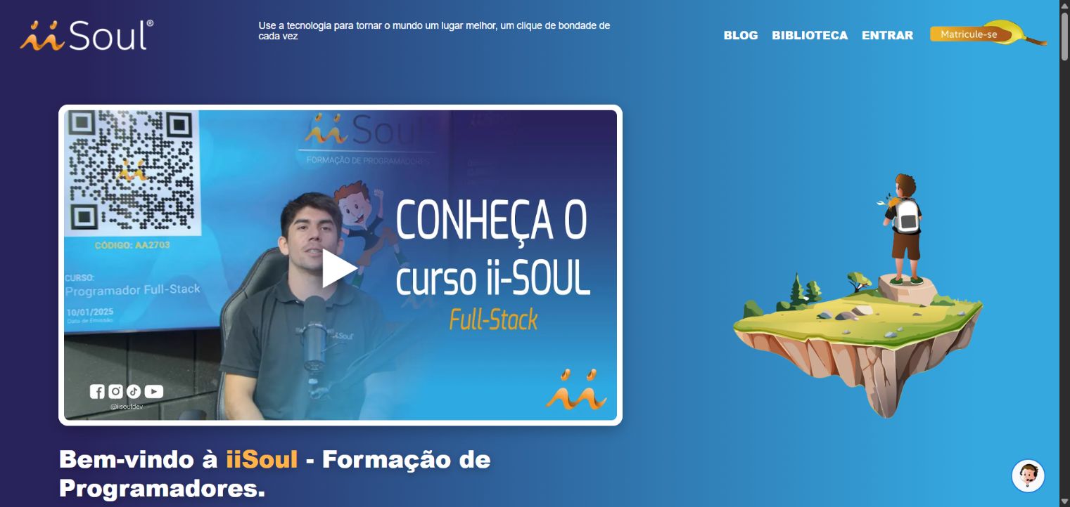 Public iiSoul landing page showing the Full-Stack developer training introduction