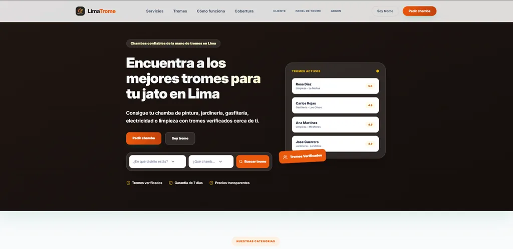 Interface do marketplace LimaTrome para encontrar profissionais de serviços residenciais em Lima