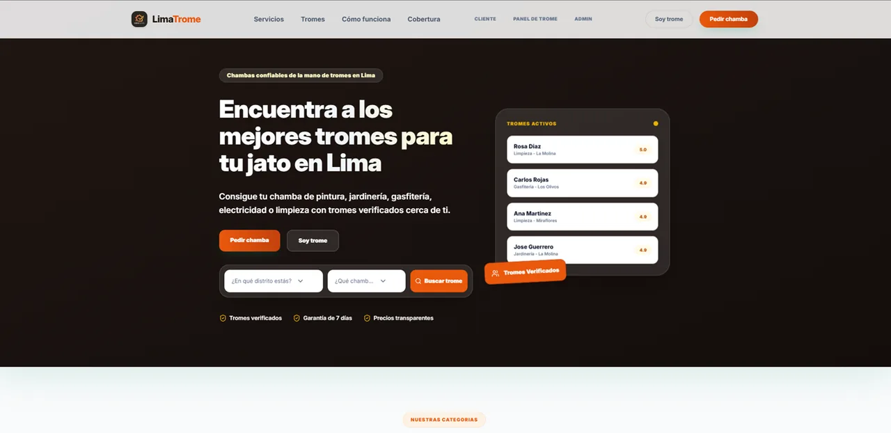 Interface do marketplace LimaTrome para encontrar profissionais de serviços residenciais em Lima
