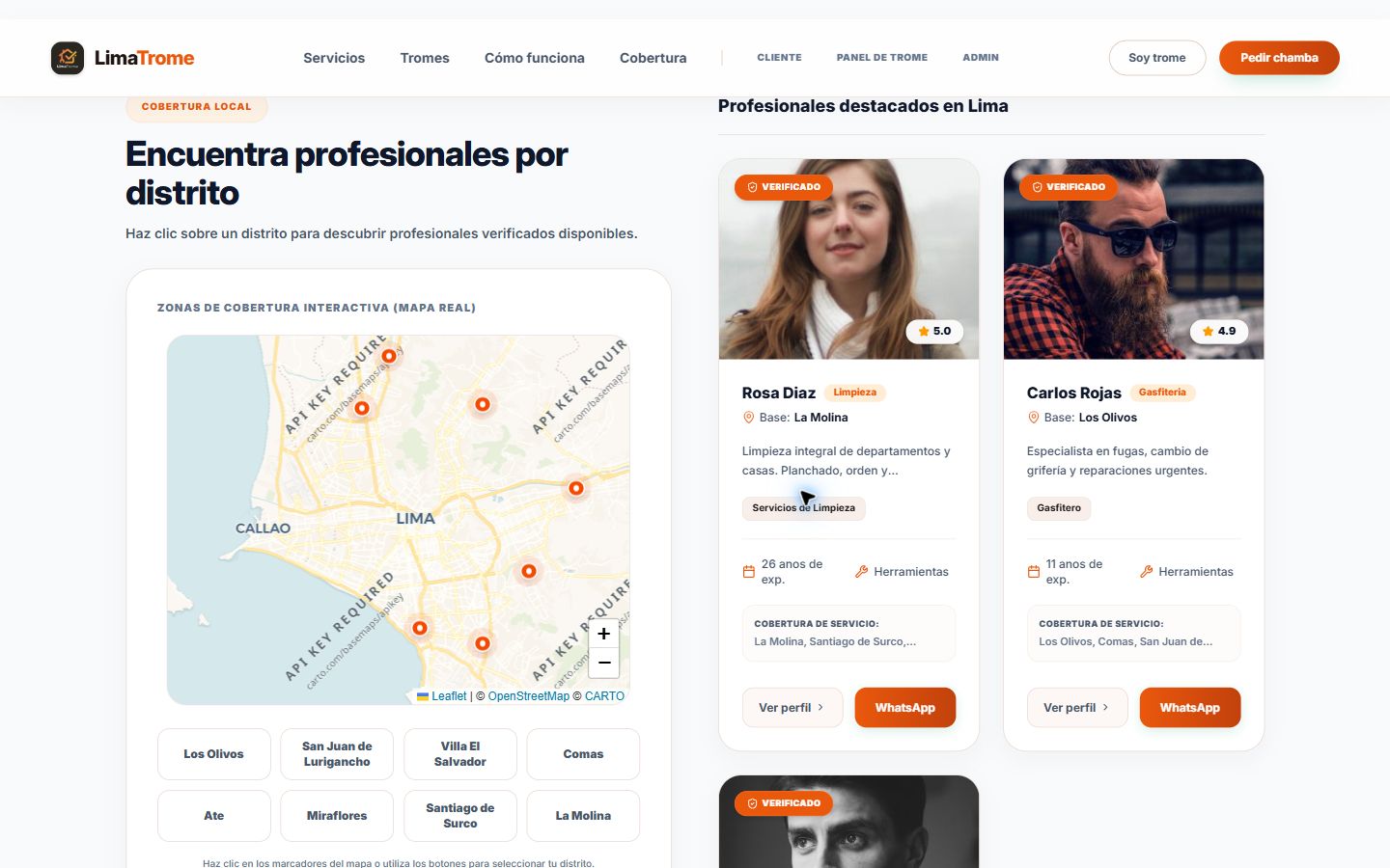 Mapa de cobertura e cards de profissionais verificados do LimaTrome no desktop