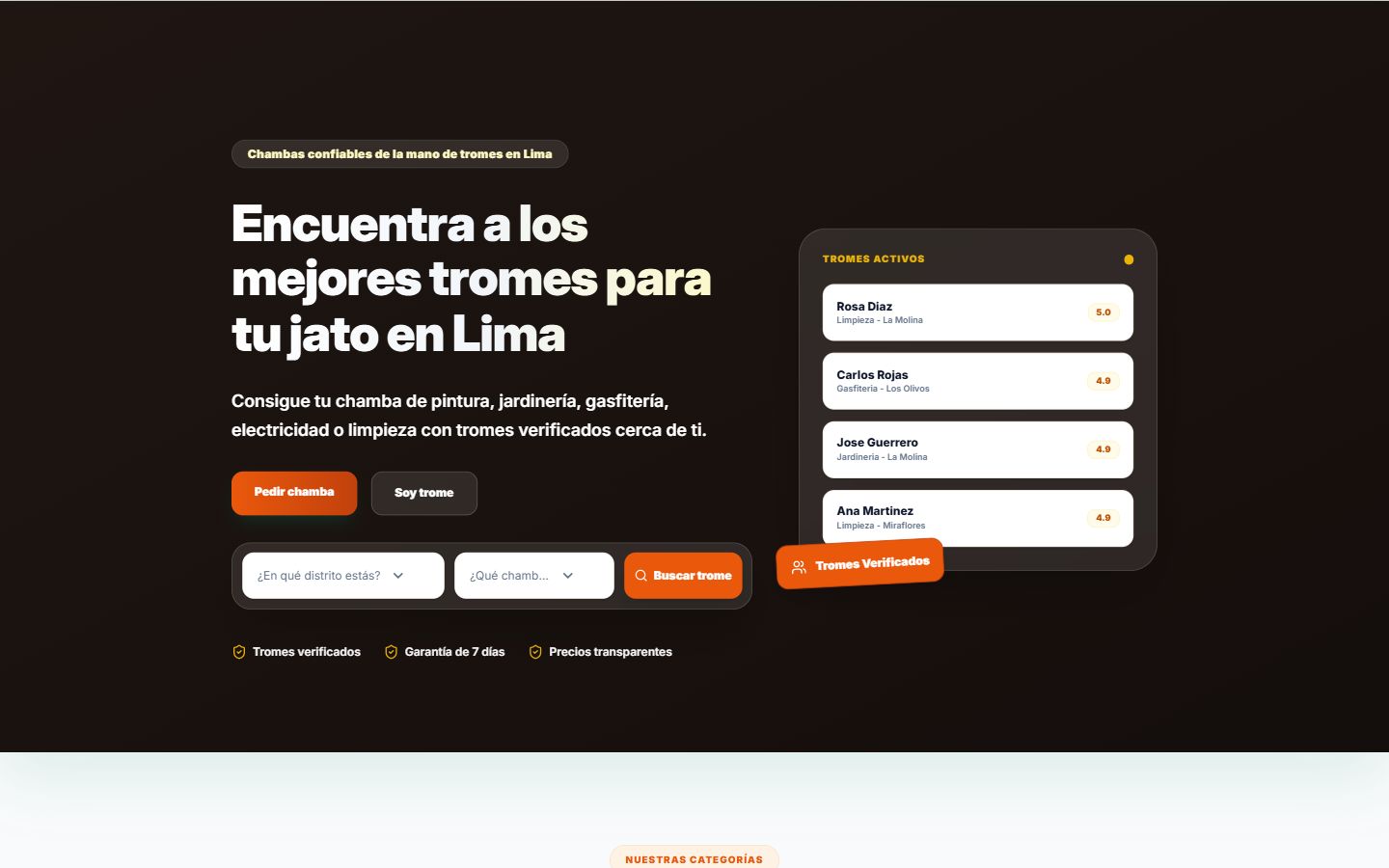 Página inicial desktop do LimaTrome com busca de serviços e profissionais ativos