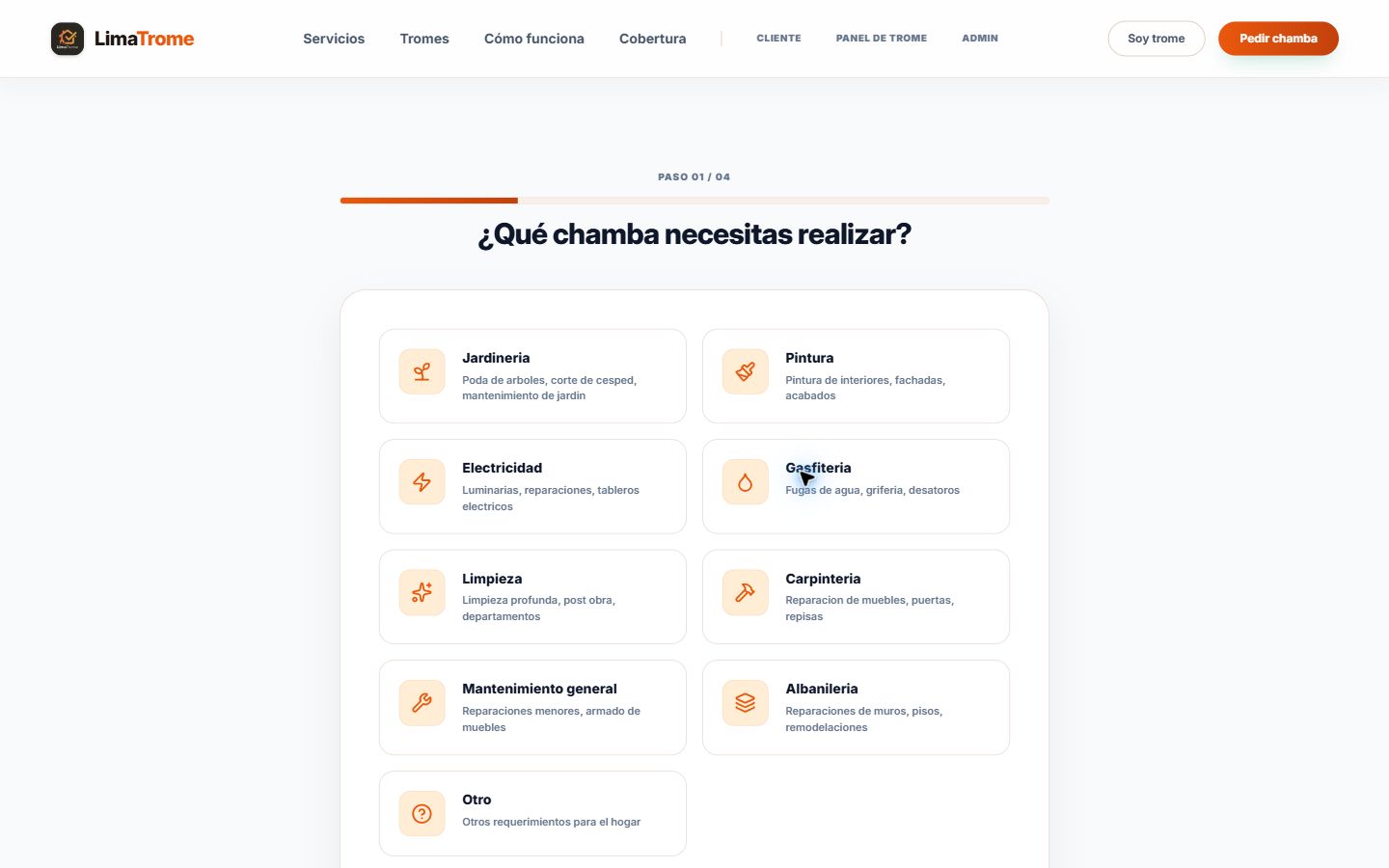 Fluxo desktop de solicitação de serviço em etapas do LimaTrome