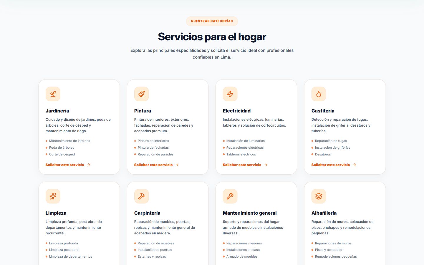 Catálogo desktop do LimaTrome com categorias de manutenção residencial