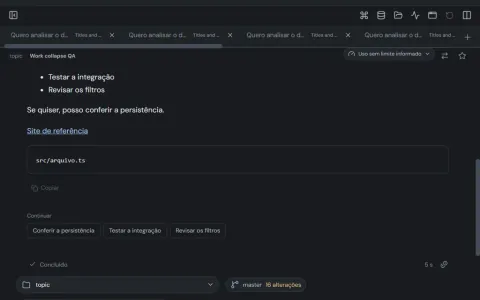 Conversa no MultiCodex com dados de exemplo, bloco de código, sugestões de próximos passos e seletores de projeto e branch