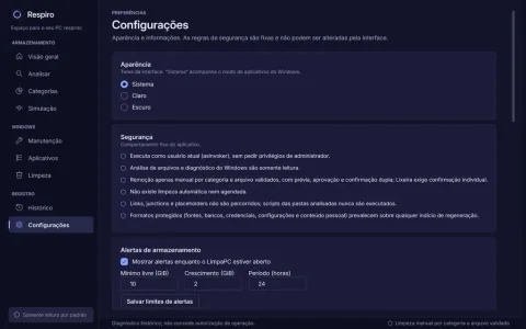 Configurações do Respiro no tema escuro, com aparência, regras de limpeza e alertas de armazenamento